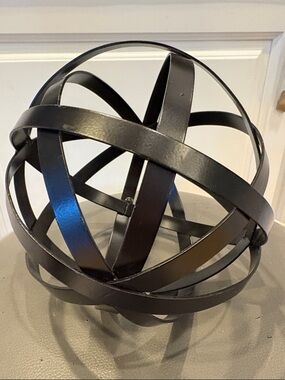 Modern Decorative Orb Sculpture Made of Interlocking Black Metal Bands, 6.5” W
